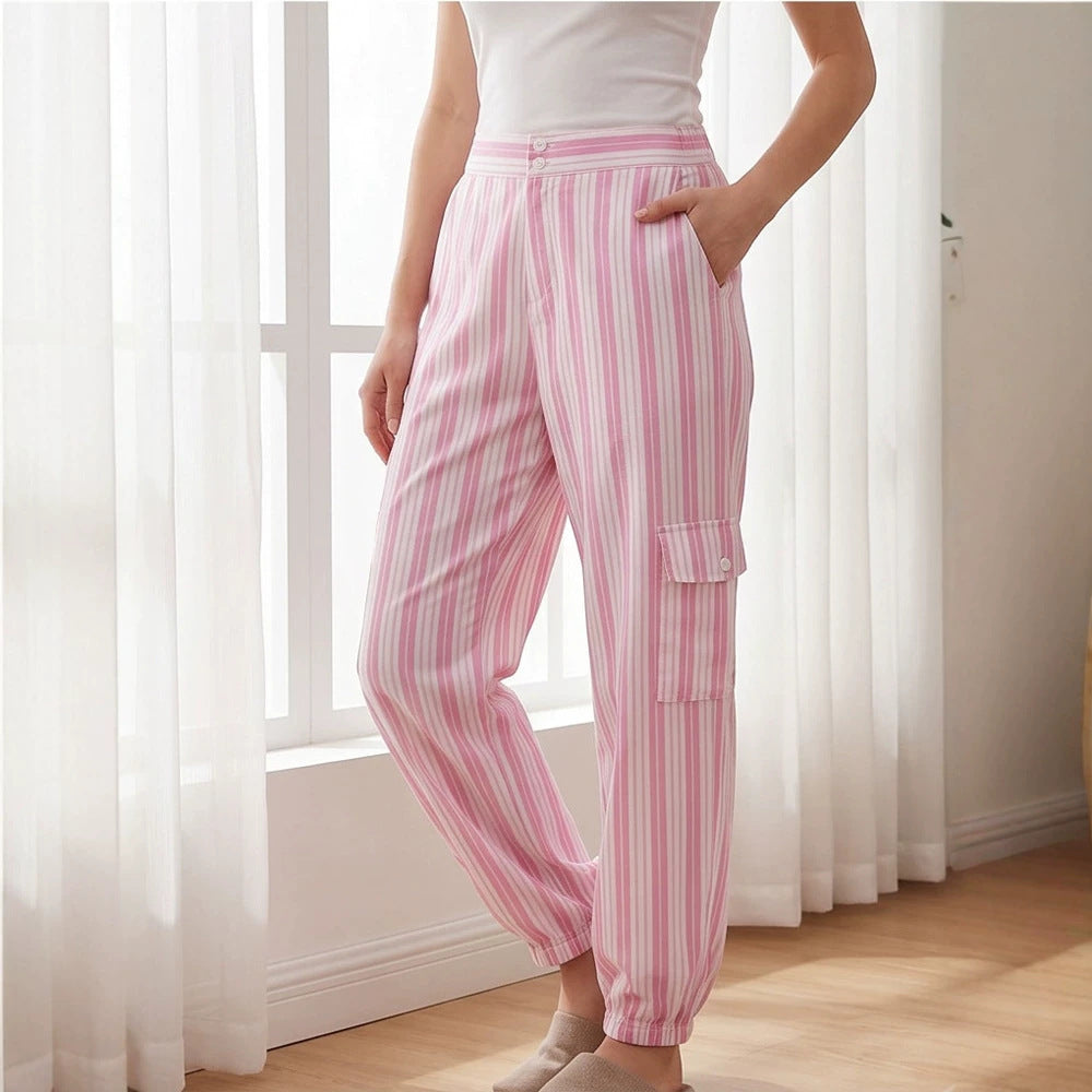 Damen Gestreifte Cargo-Loungehose mit hohem Bund, elastischem Knöchelabschluss und Pattentaschen Drune