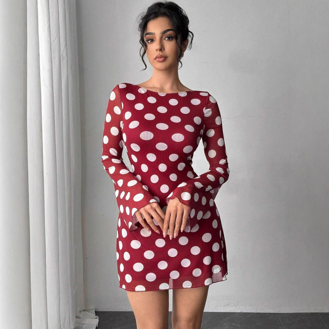 Damen nan figurbetontes transparentes Netz-Minikleid mit tiefem Rückenausschnitt und Punktmuster Drune