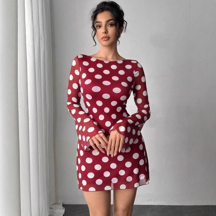 Damen nan figurbetontes transparentes Netz-Minikleid mit tiefem Rückenausschnitt und Punktmuster Drune