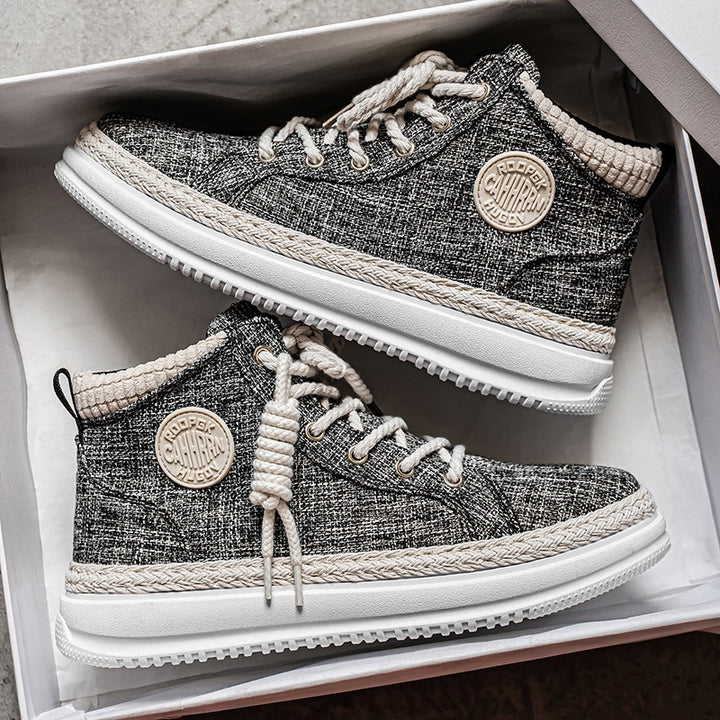 Damen hohe Freizeit‑Sneaker mit meliertem Textilobermaterial, geflochtener Jute‑Zierkante und gedämpfter Plateau‑Sohle Drune