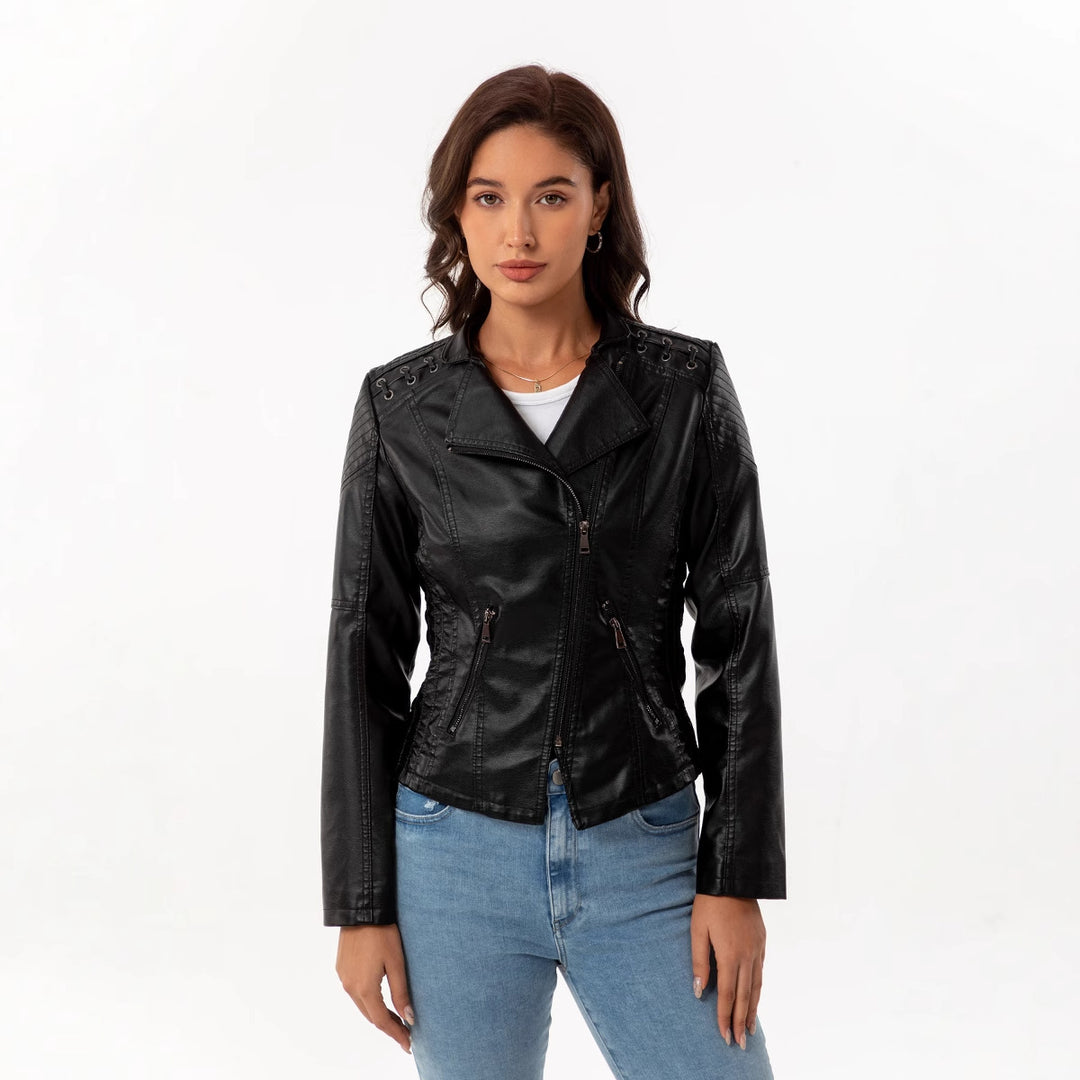 Damen nan taillierte Kunstleder-Bikerjacke mit gesteppter Schulterpartie, asymmetrischem Reißverschluss und Zierösen Drune