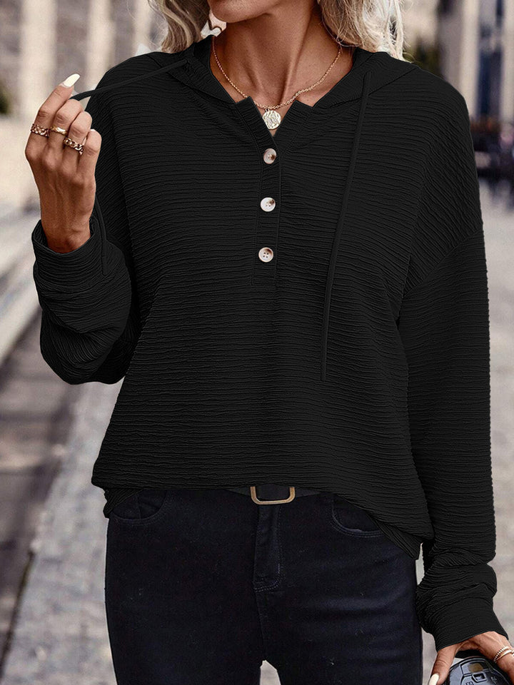 Damen Lässiges strukturiertes Kapuzen-Henley-Shirt mit Knopfleiste und Oversize-Schnitt Drune
