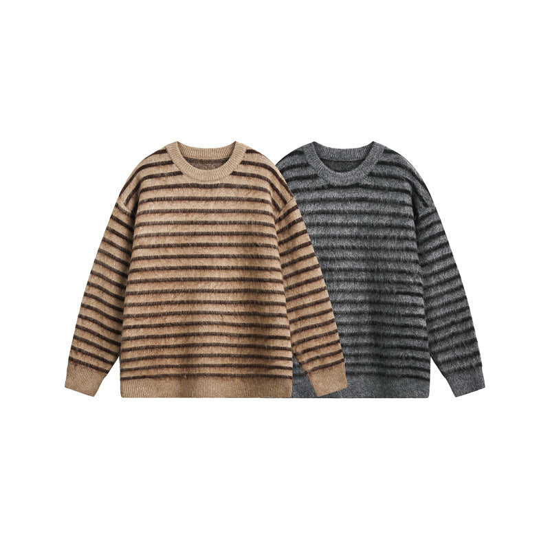 Unisex Oversize Gestreifter Flauschpullover mit Rundhalsausschnitt Drune