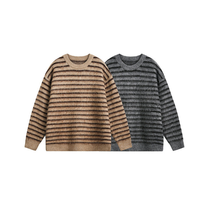 Unisex Oversize Gestreifter Flauschpullover mit Rundhalsausschnitt Drune