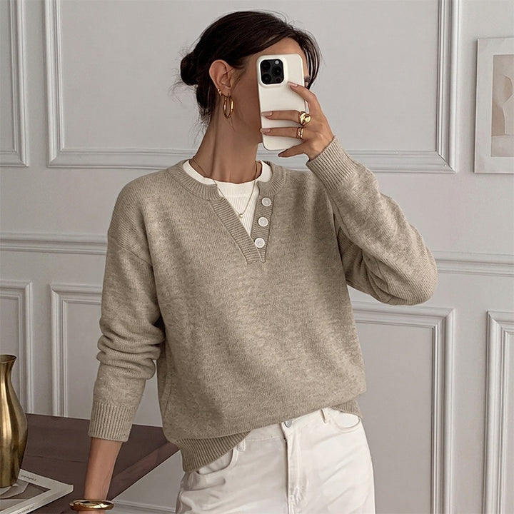 Damen Gemütlicher Pullover mit Knopfdetails Drune