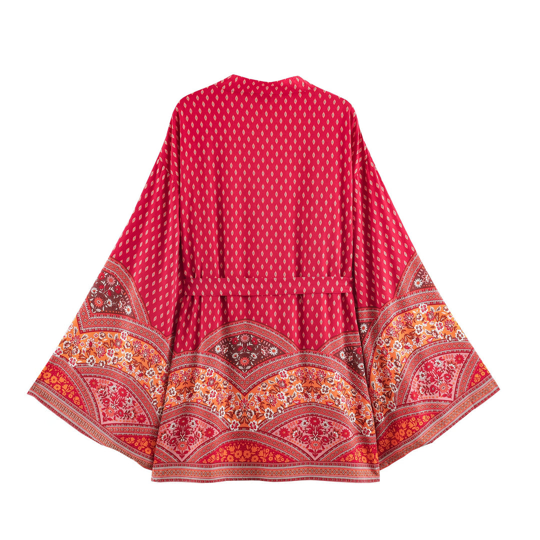 Damen Kimono-Wickelrobe im Boho-Print mit weitem Ärmeln Drune