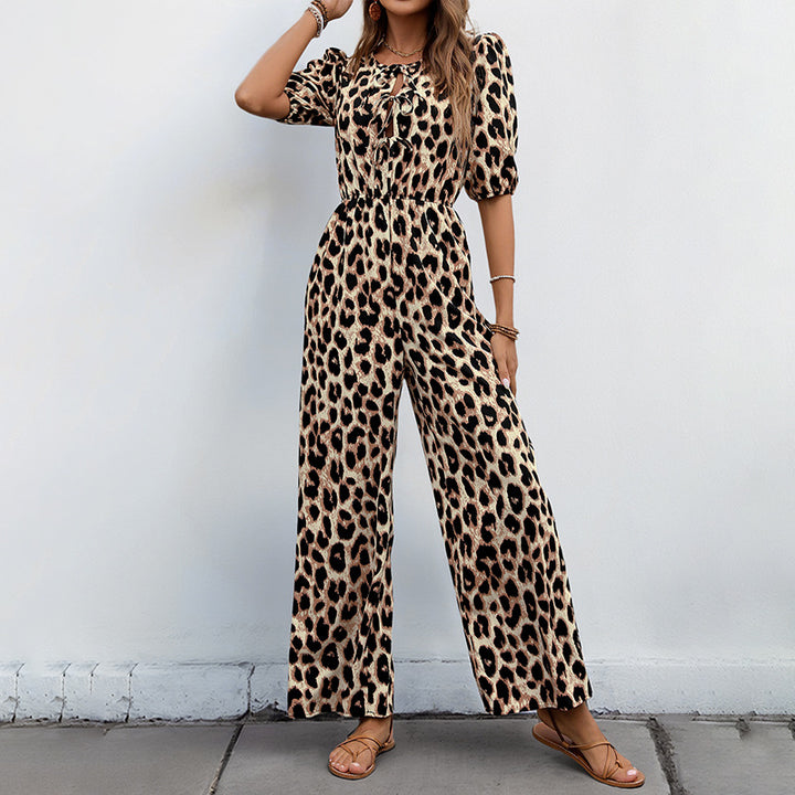 Damen lässiger Jumpsuit mit Leo-Muster und schulterfreien Puffärmeln Drune