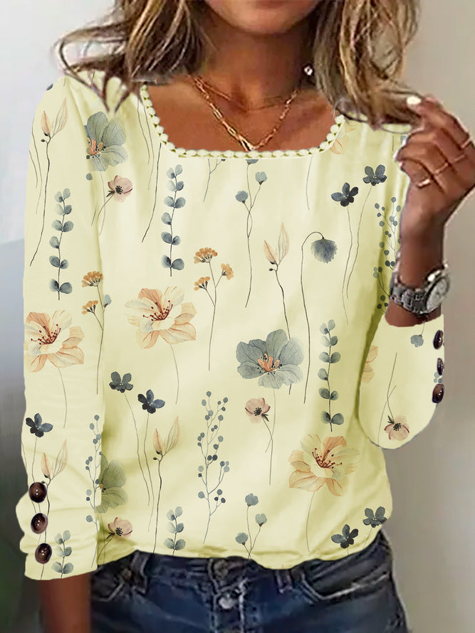 Damen Bluse mit floralem Druck und dekorativen Knopfdetails Drune