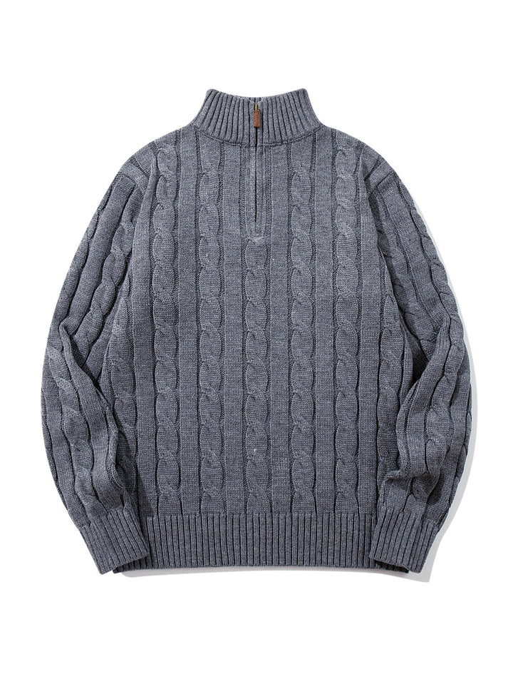 Unisex Zopfmuster-Halbzip-Pullover mit hohem Rippkragen und Oversize-Schnitt Drune