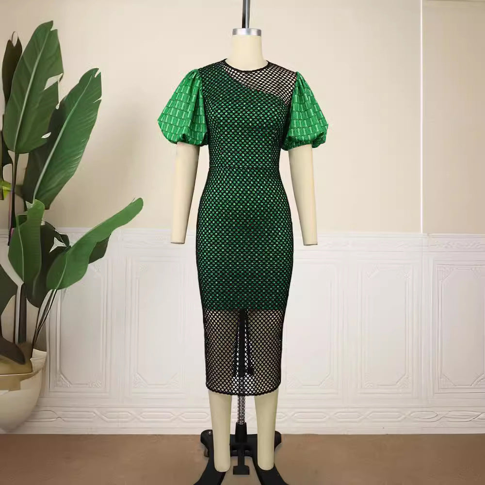 Damen figurbetontes Netzkleid mit Puffärmeln Drune