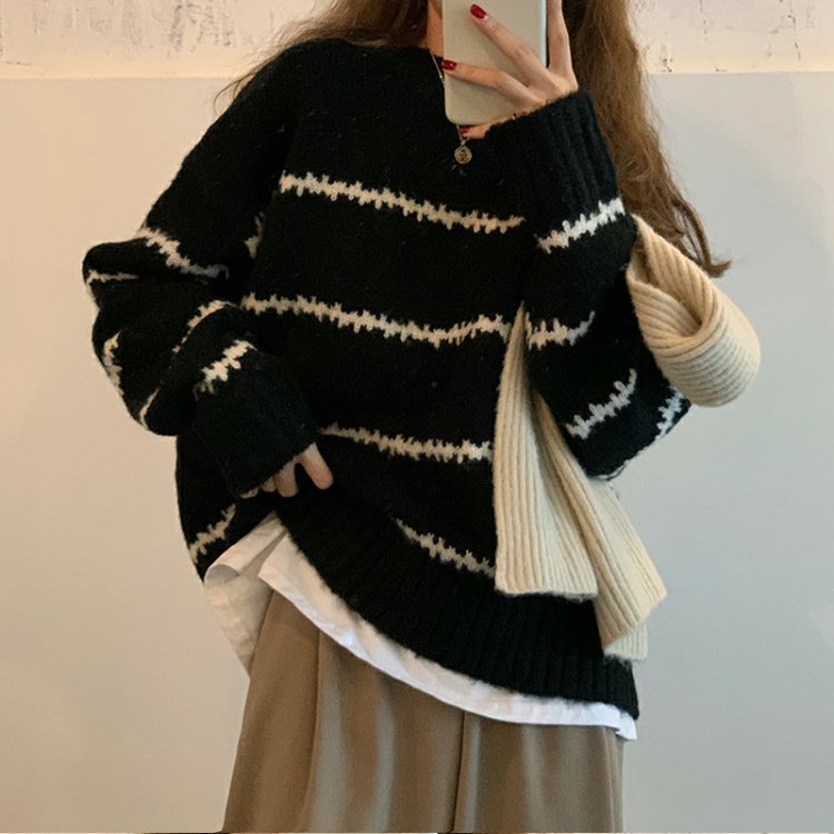 Damen Oversized Pullover mit gestreiftem Design und weichem Strick Drune