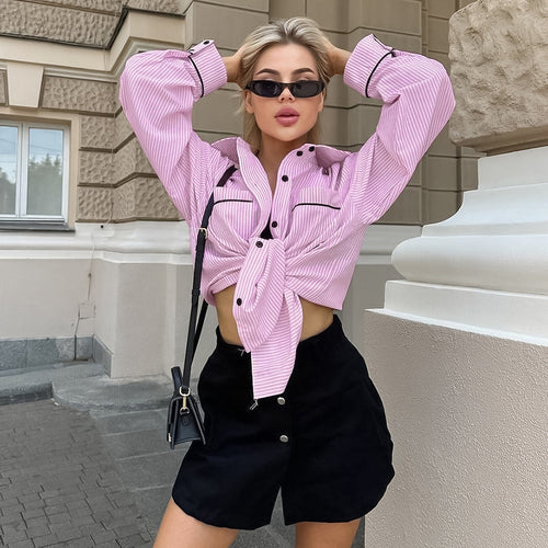 Damen Oversized Hemdjacke mit strukturiertem Design und gestreiften Muster Drune