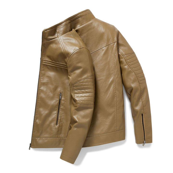 Herren Slim-Fit Kunstleder-Motojacke mit Stehkragen und gesteppter Ärmelpasse Drune