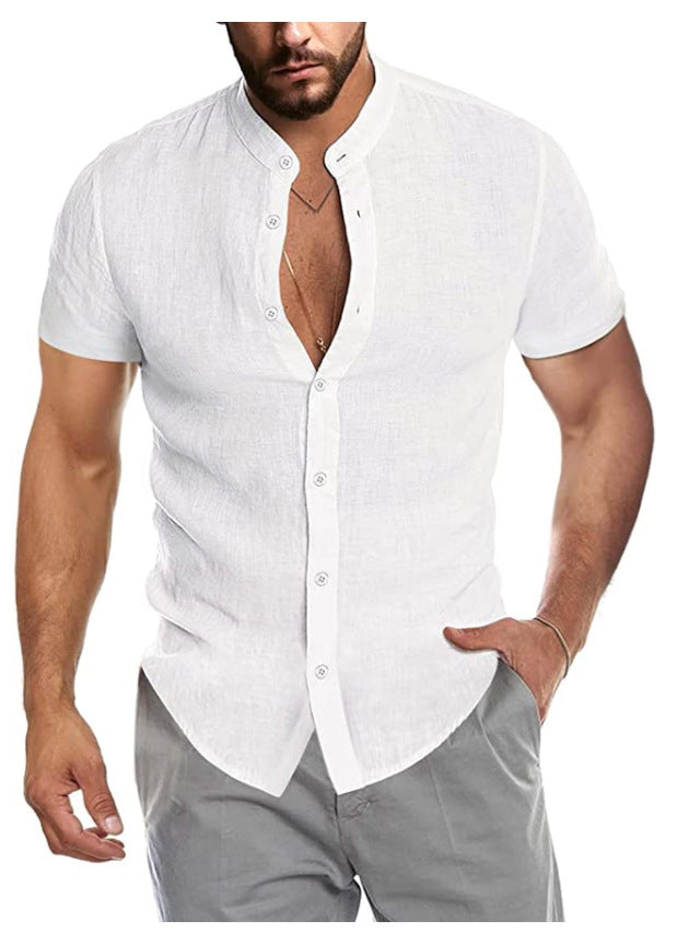 Herren Kurzarm Leinenhemd mit Stehkragen und dezenter Knopfleiste Drune