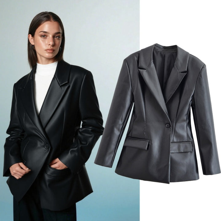 Damen Taillierter Longline-Kunstlederblazer mit Ein-Knopf-Verschluss und Pattentaschen Drune