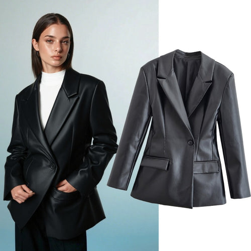 Damen Taillierter Longline-Kunstlederblazer mit Ein-Knopf-Verschluss und Pattentaschen Drune