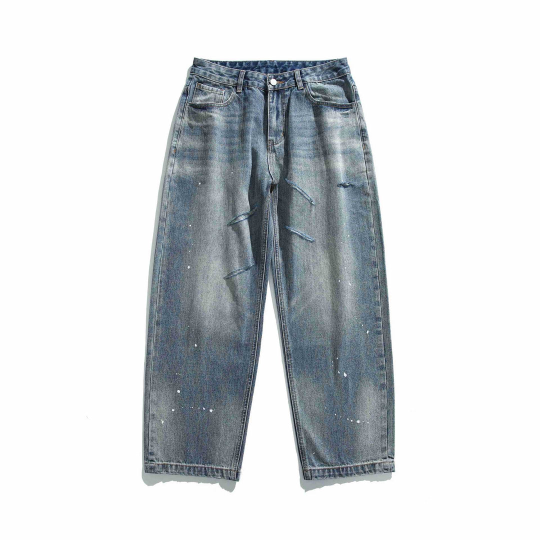 Damen Hochtaillierte lockere Jeans mit Used‑Effekt und Farb‑Splatter Drune