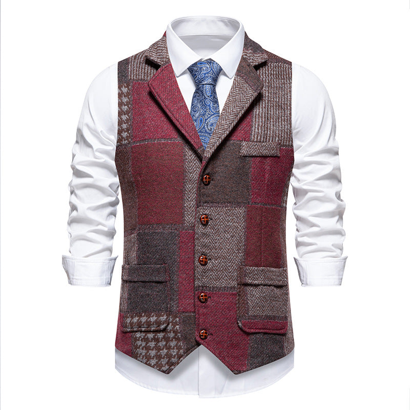 Herren nan Patchwork Weste mit Reverskragen Knopfleiste und aufgesetzten Taschen Drune