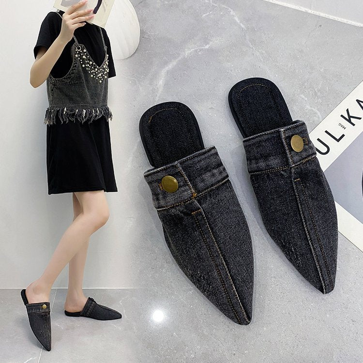 Damen Offene Mules mit elegantem Denim-Design und modischer Spitze Drune