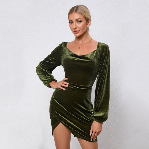 Damen Samtiges Wickel-Minikleid mit Wasserfall-Cowl, Ballonärmeln und asymmetrischer Raffung Drune