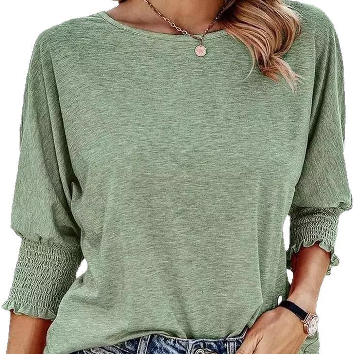 Damen lässiges T-Shirt mit voluminösen Puffärmeln und elastischem Bund Drune