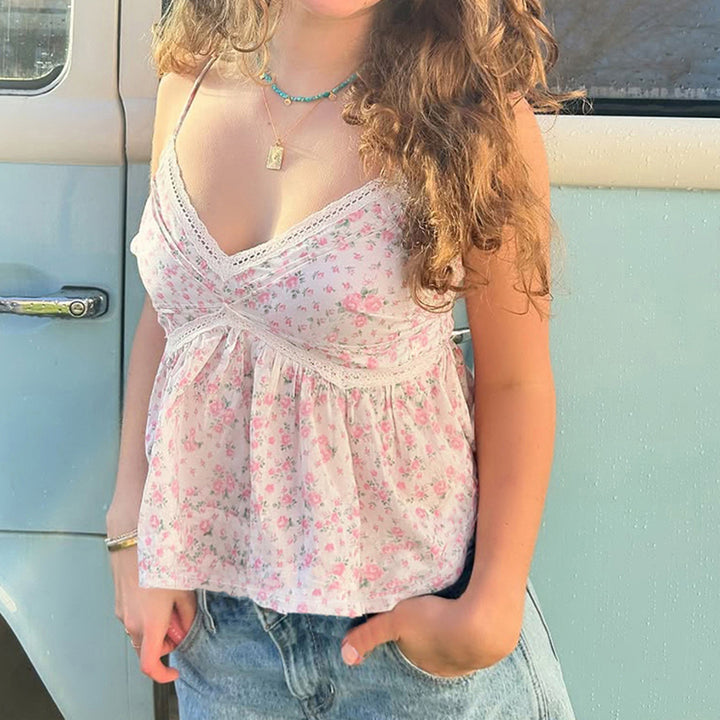 Damen Spitzen-Cami-Top mit floralem Design und lockerem Schnitt Drune