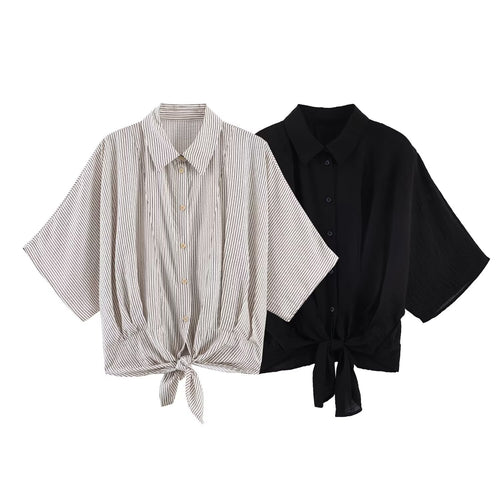 Damen Gestreifte Oversize-Bluse mit Kimonoärmeln und Knotenfront Drune