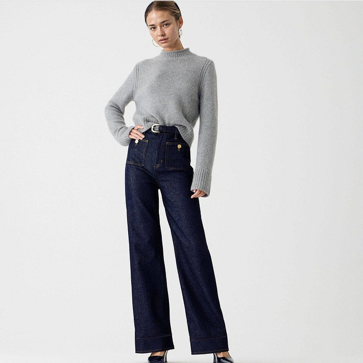 Damen Weite Komfortable Jeans mit hohen Bund Drune