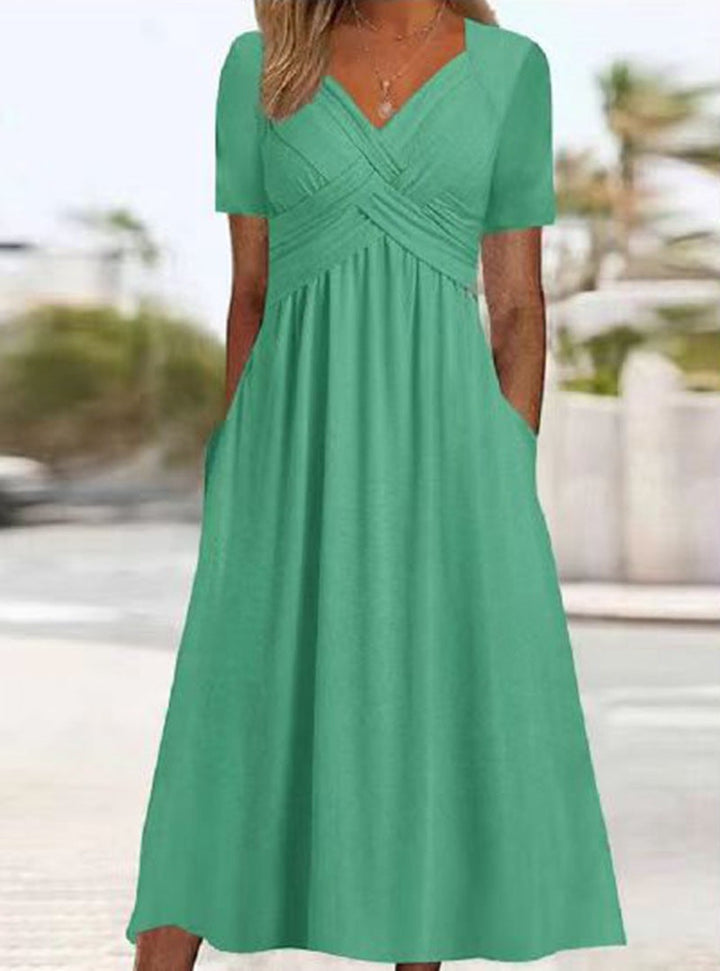 Damen nan luftiges V-Ausschnitt Midikleid mit überkreuzter Brustpartie, kurzen Ärmeln und Eingrifftaschen Drune