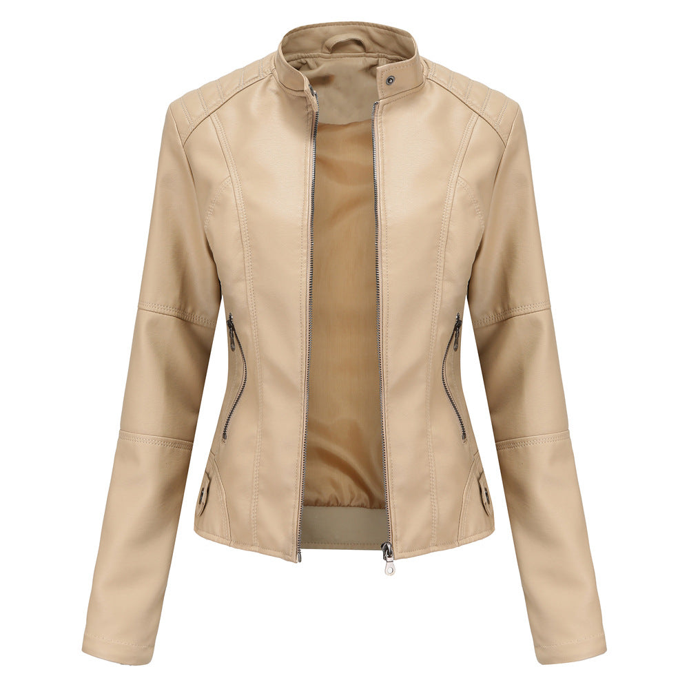 Damen nan schlanke Kunstlederjacke im Bikerstil mit Stehkragen und formenden Abnähern Drune