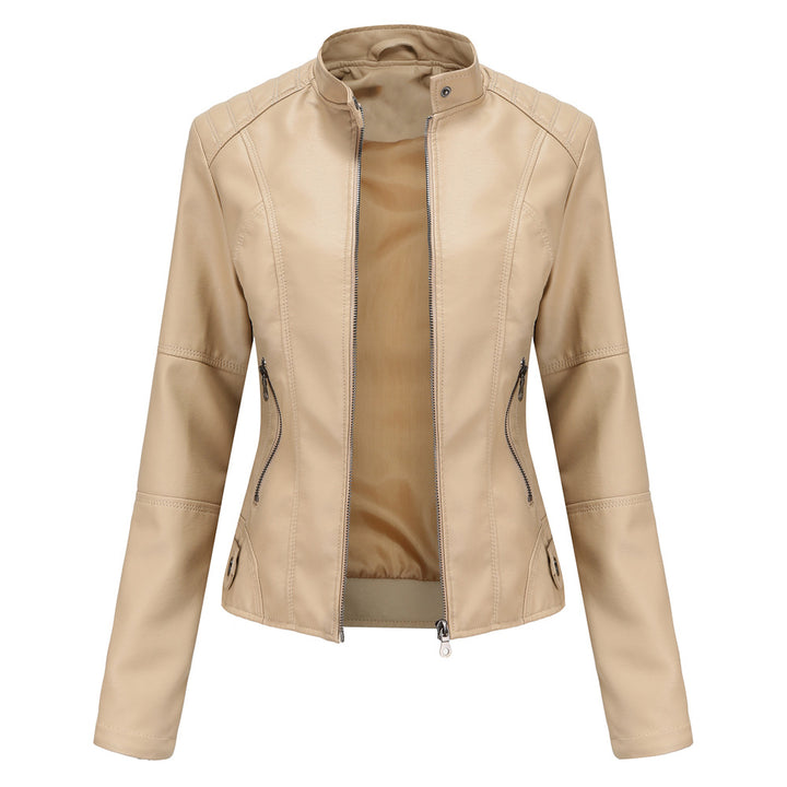 Damen nan schlanke Kunstlederjacke im Bikerstil mit Stehkragen und formenden Abnähern Drune
