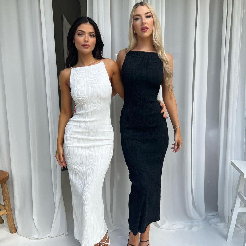 Damen Maxikleid im eleganten Wellenmuster mit Spaghettiträgern Drune