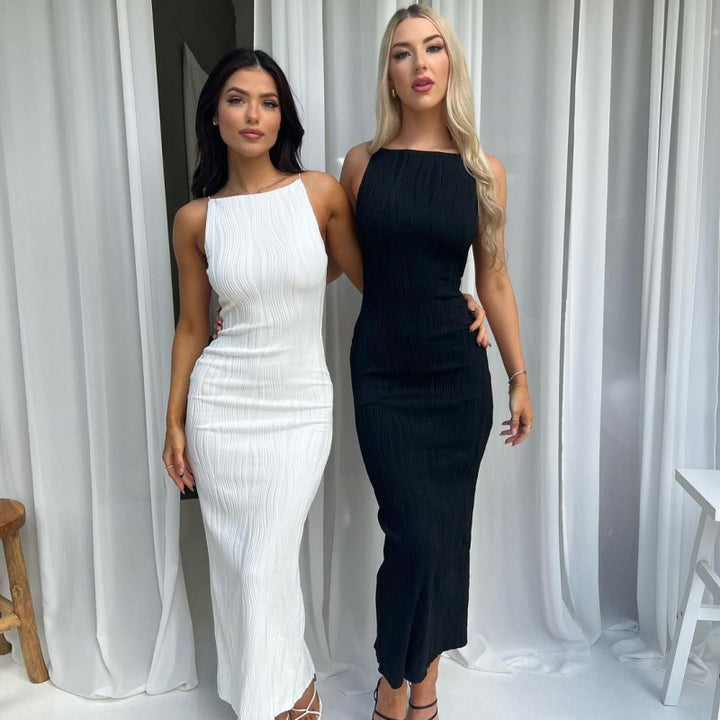 Damen Maxikleid im eleganten Wellenmuster mit Spaghettiträgern Drune