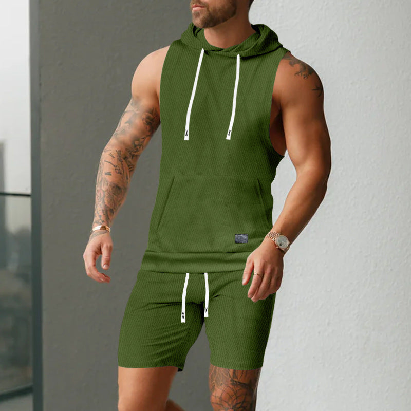 Herren nan ärmelloses Kapuzenweste-Set aus strukturiertem Baumwollmix mit Kängurutasche und Tunnelzug-Shorts Drune