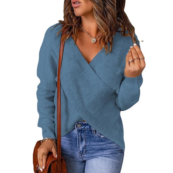 Damen lässiger Wickel-Pullover mit tiefem V-Ausschnitt und strukturiertem Gewebe Drune