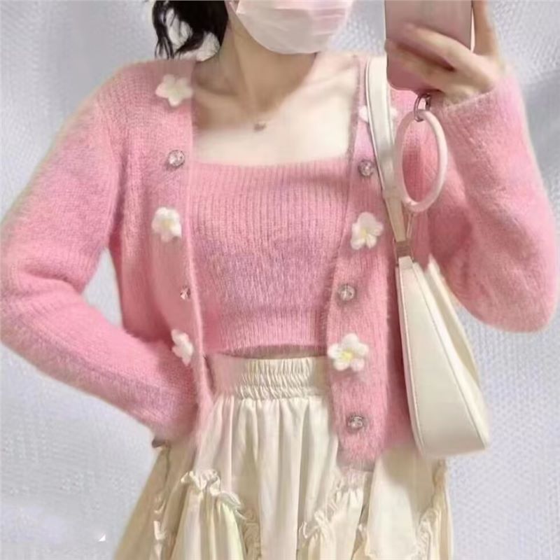 Damen modisches Strick-Top mit floralem Design und dazu passender offener Strickjacke Drune