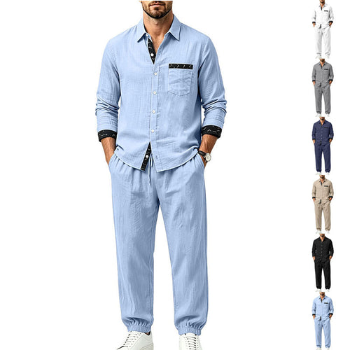 Herren Leichter Baumwoll-Loungewear-Zweiteiler mit Hemd und Kordel-Jogger Drune