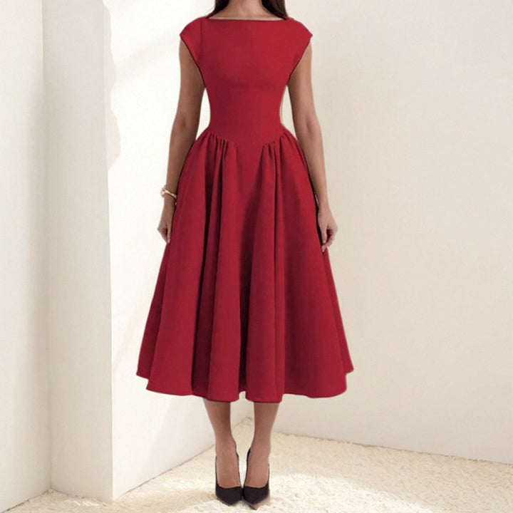 Damen Elegantes Midikleid mit tailliertem Oberteil und schwingendem Rock Drune