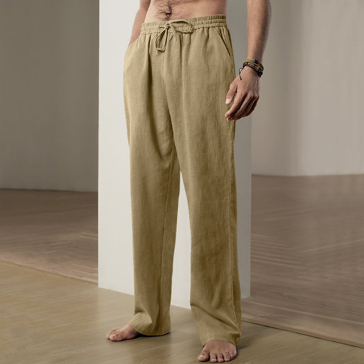 Herren nan weiche Leinen-Baumwoll Loungehose mit elastischem Tunnelzugbund, Seitentaschen und entspanntem geradem Bein Drune