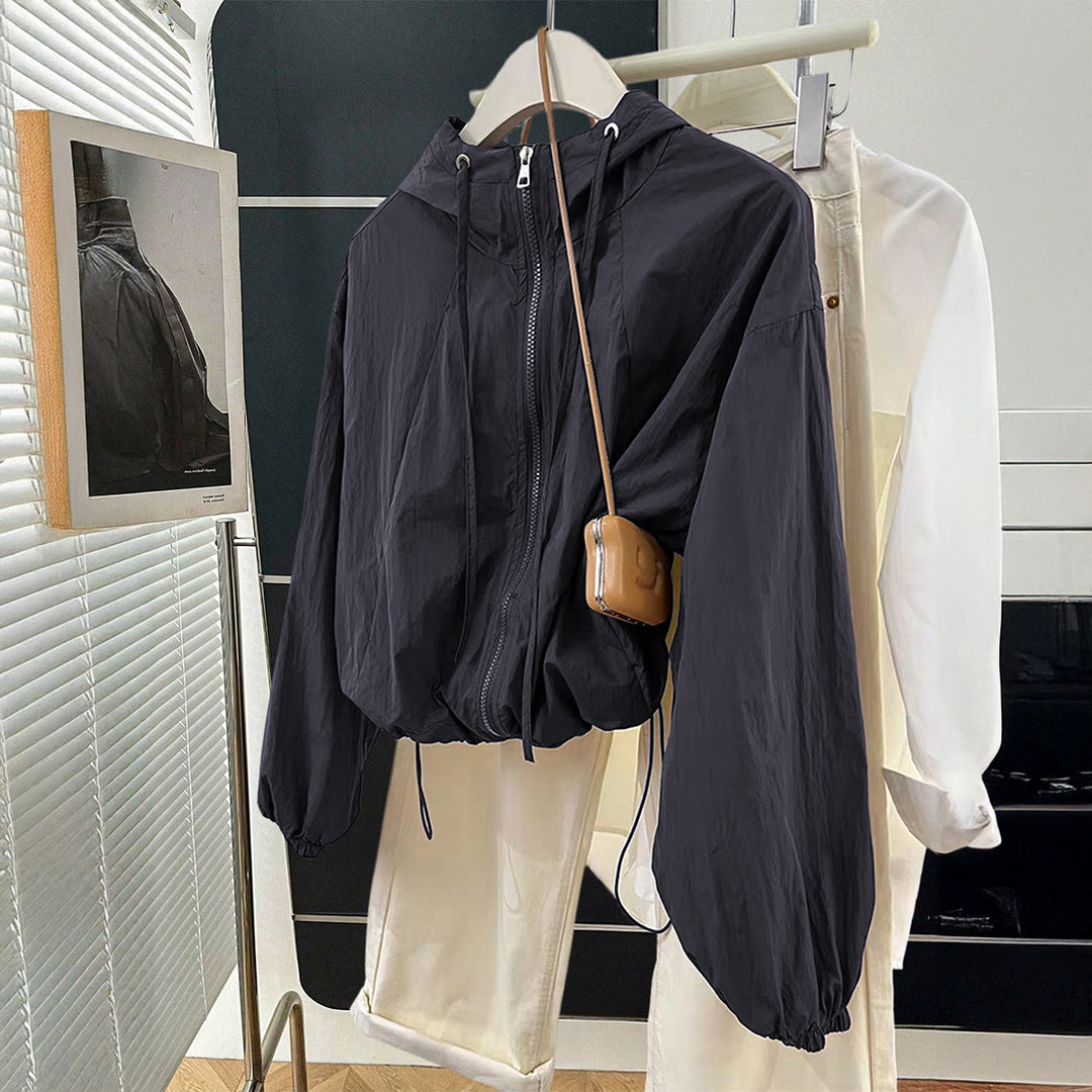 Damen nan leichtgewichtige Kapuzen-Übergangsjacke mit Tunnelzugbündchen und Ballonärmeln Drune
