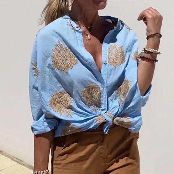 Damen Boho Leinen Bluse mit Perlenstickerei und Knotenband Drune