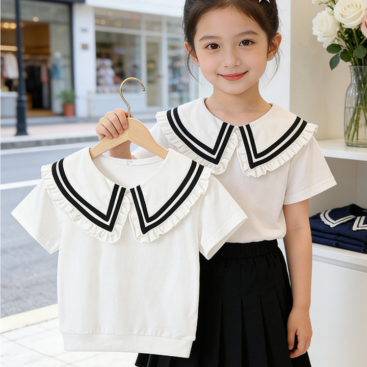 Mädchen T-Shirt mit elegantem Rüschenkragen und maritimem Streifen Drune