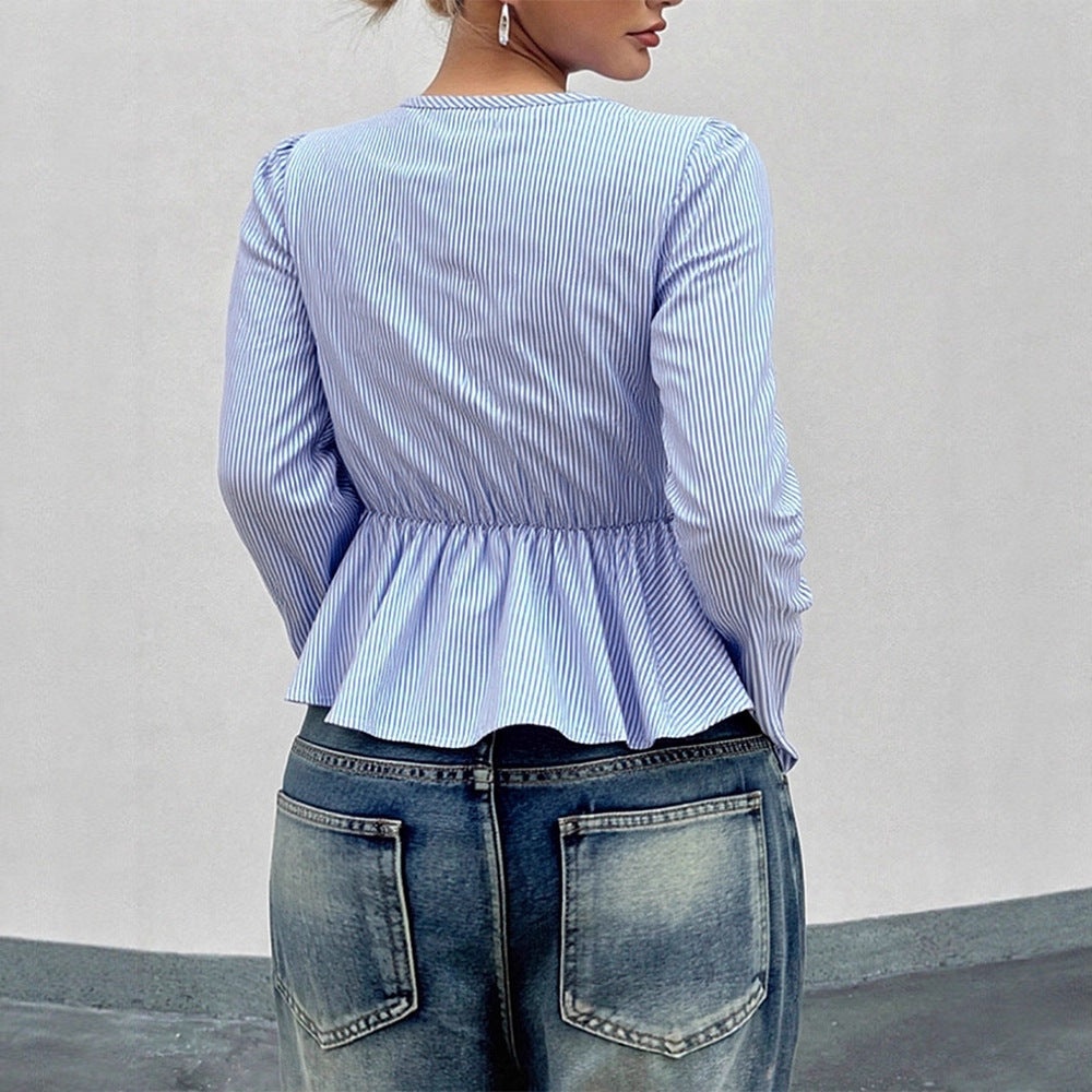 Damen cropped Bluse mit verspielten Rüschendetails und bindbarem Krawattenverschluss Drune