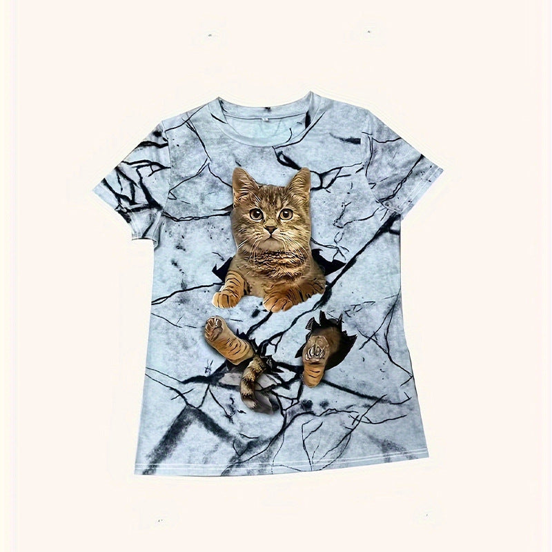 Damen T-Shirt mit 3D-Katzenmotiv und kreativem Rissdesign Drune
