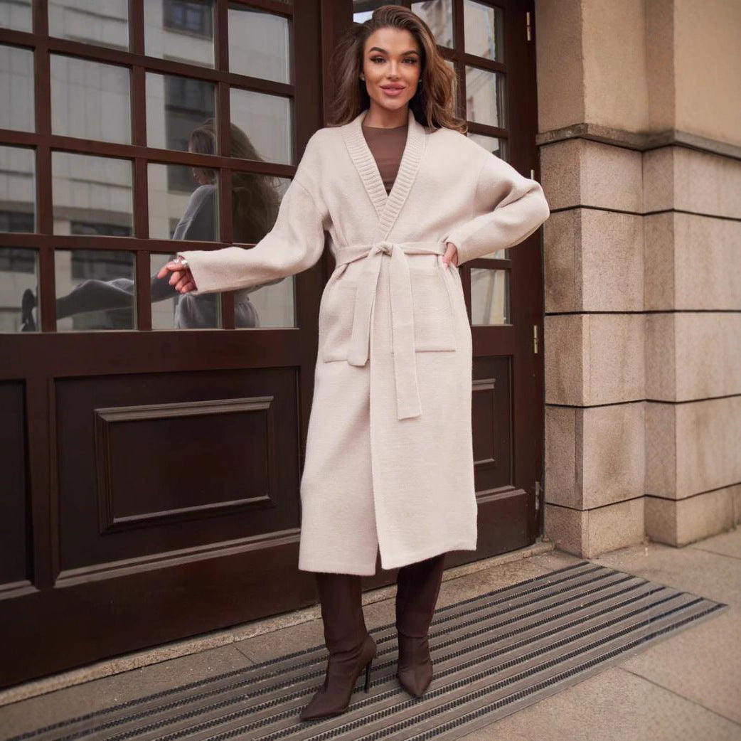 Damen Strickmantel mit Gürtel und praktischen Taschen Drune
