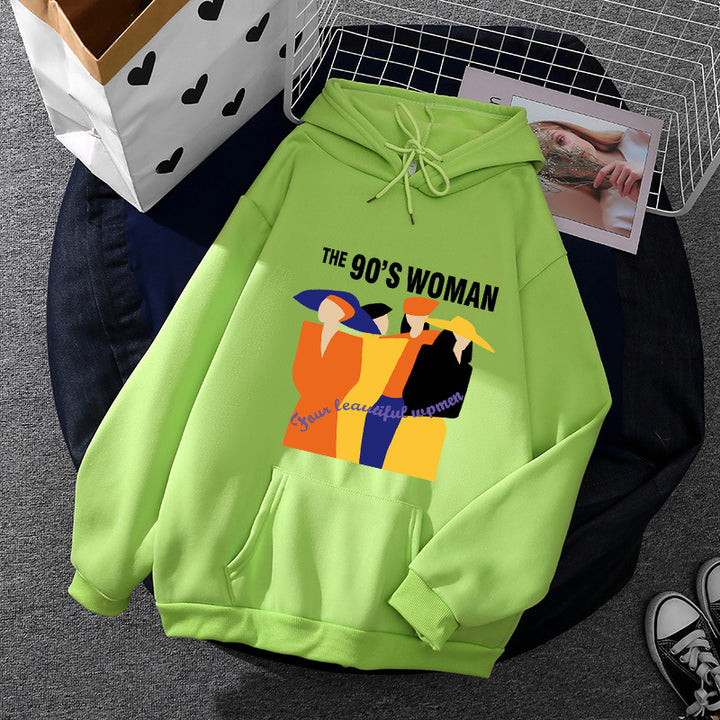 Damen nan weit geschnittener Kapuzenpullover mit Neunzigerjahre-Illustrationsprint, angerautem Fleece und Kängurutasche Drune
