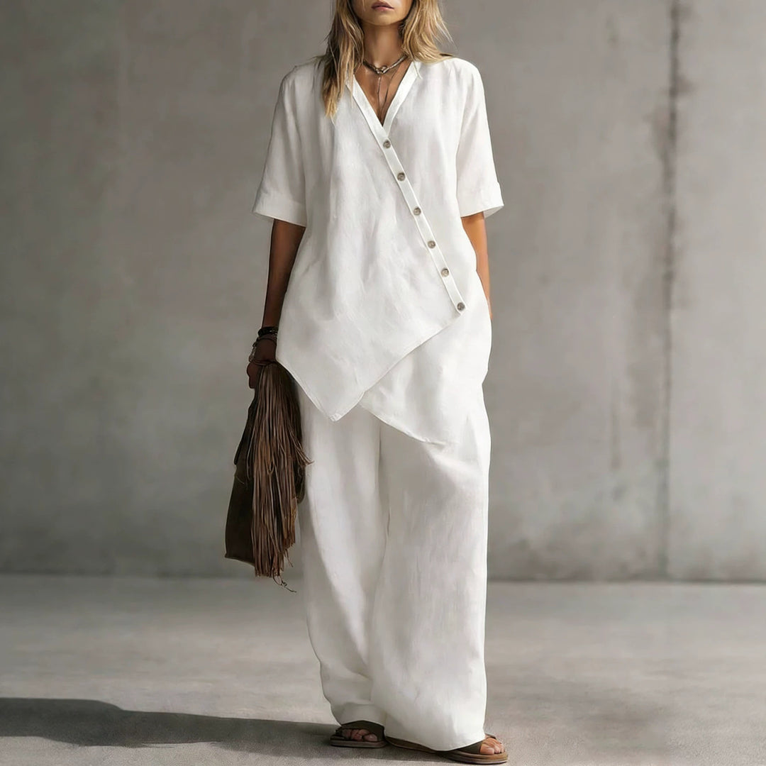Damen Leinen-Zweiteiler mit asymmetrischer Knopfleiste und weiter Palazzo-Hose Drune