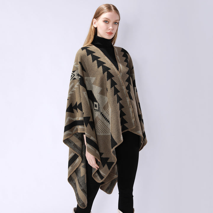 Damen Wollmix-Umhang mit grafischem Ethno‑Muster und Zierkettelnaht Drune