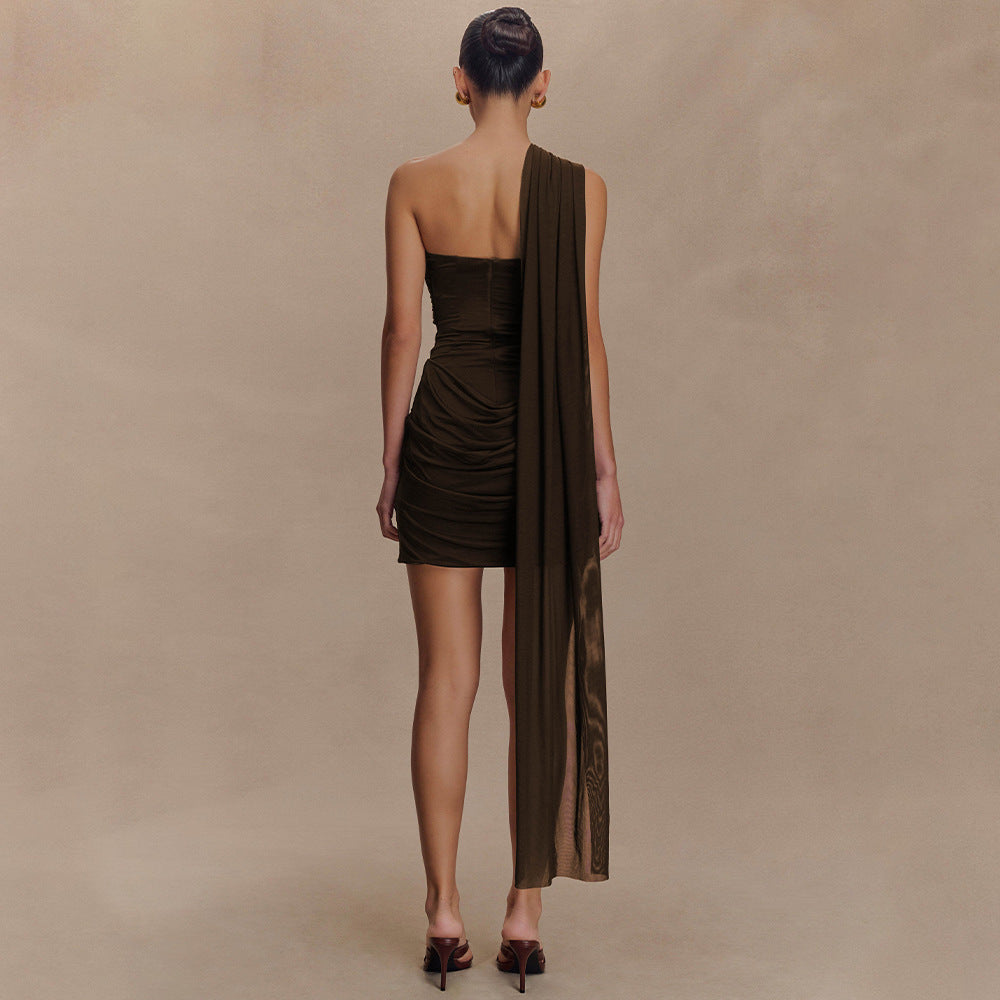 Damen Cocktailkleid mit asymmetrischem Oberteil und elegantem Drapierungsdesign Drune