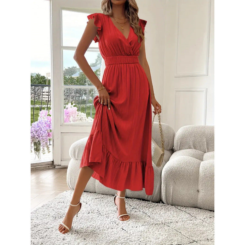 Damen Maxikleid mit voluminösen Rüschenärmel und elegantem Bund Drune